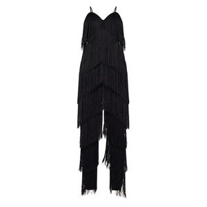 Prettylittething black tassel plunge jumpsuit